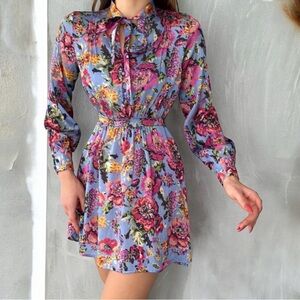 ZARA Long Sleeve Floral Mini Dress with Tie Neck – M